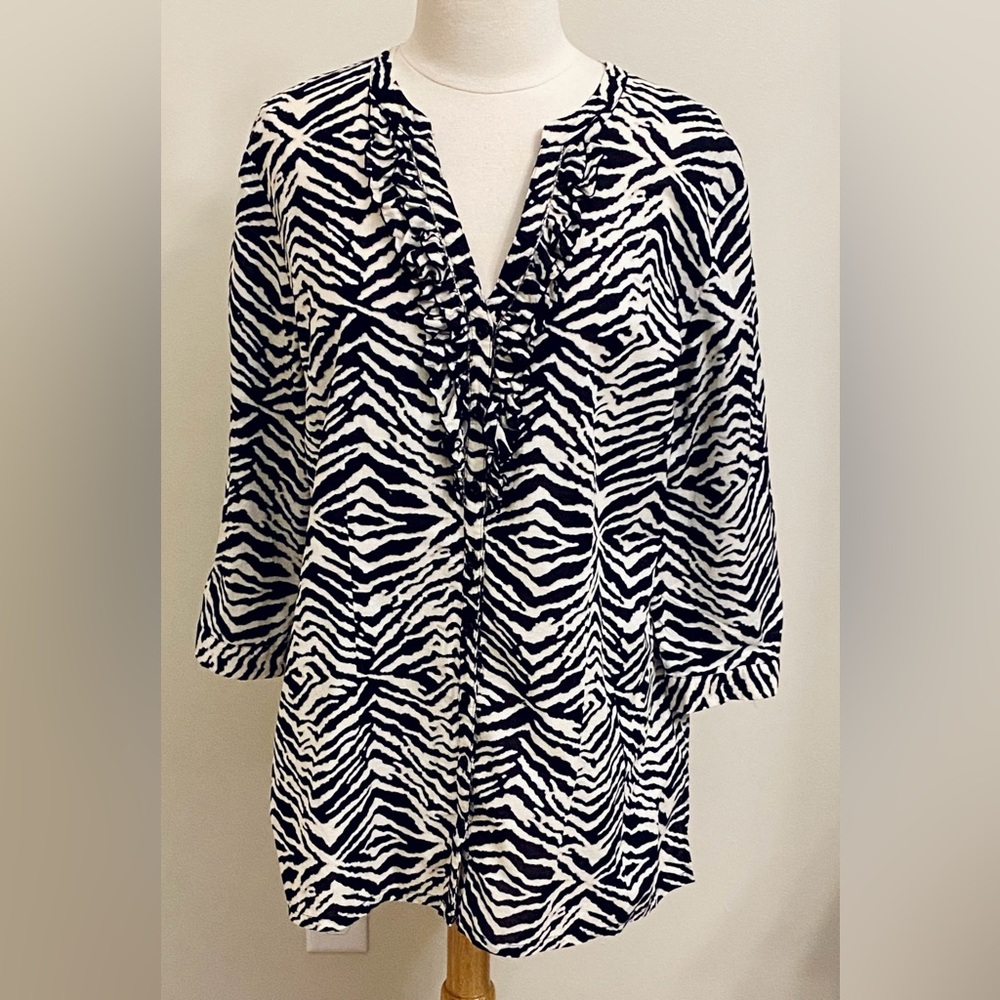 Emma James Black White Zebra Print SZ XL Whimsigoth Boho Ruffle Beaded Tunic Top